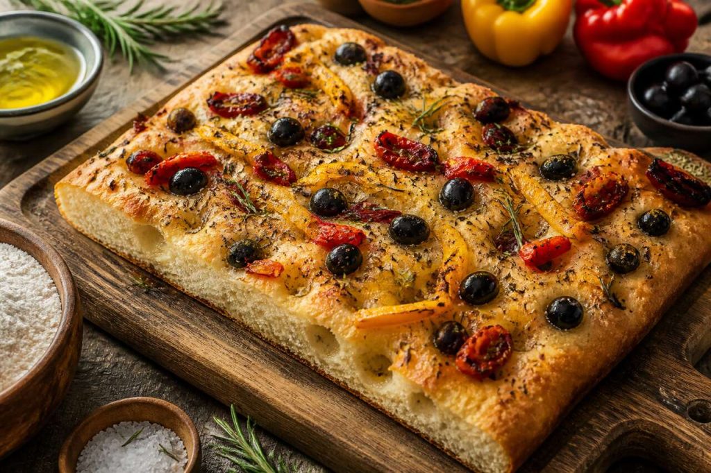Recette de focaccia garnie aux olives, tomates et poivrons