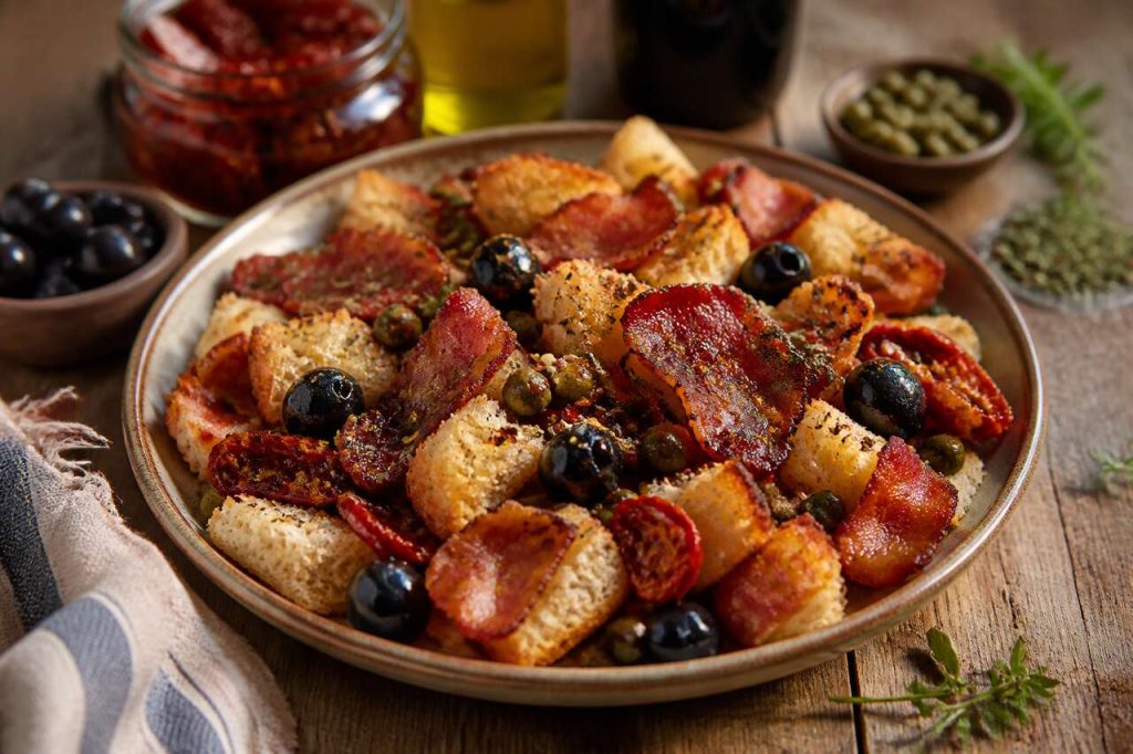 Recette de panzanella au bacon et au pain pita