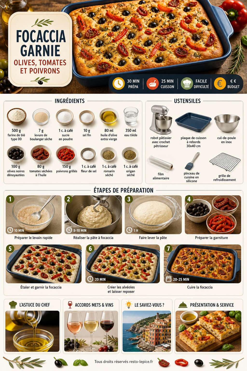 Fiche recette Recette de focaccia garnie aux olives, tomates et poivrons Fiche recette Recette de focaccia garnie aux olives, tomates et poivrons