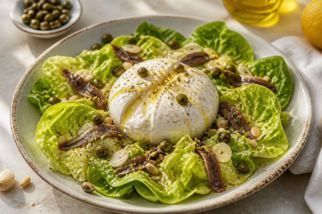 Recette de laitue à la burrata et vinaigrette aux câpres