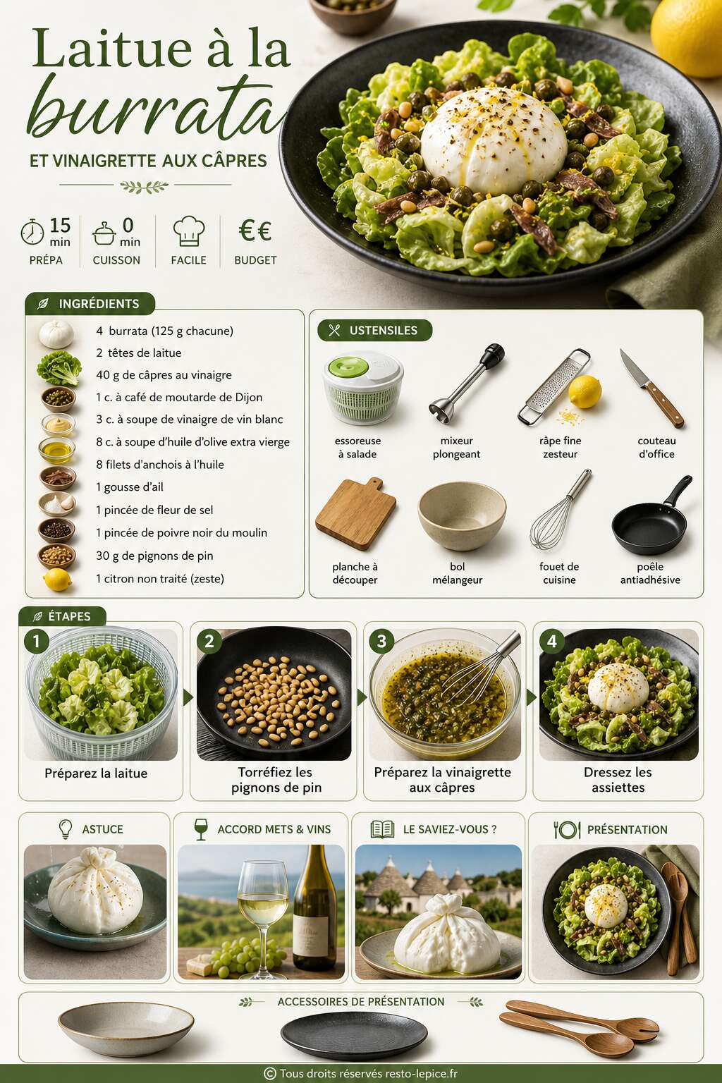 Fiche recette Recette de laitue &agrave; la burrata et vinaigrette aux c&acirc;pres