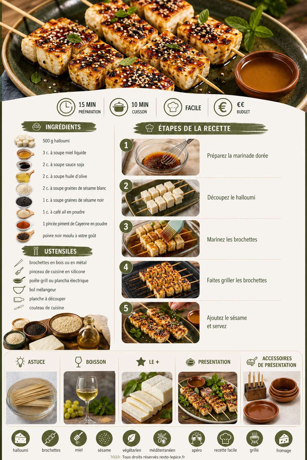 Fiche recette Recette de brochettes de halloumi au miel et au sésame Fiche recette Recette de brochettes de halloumi au miel et au sésame