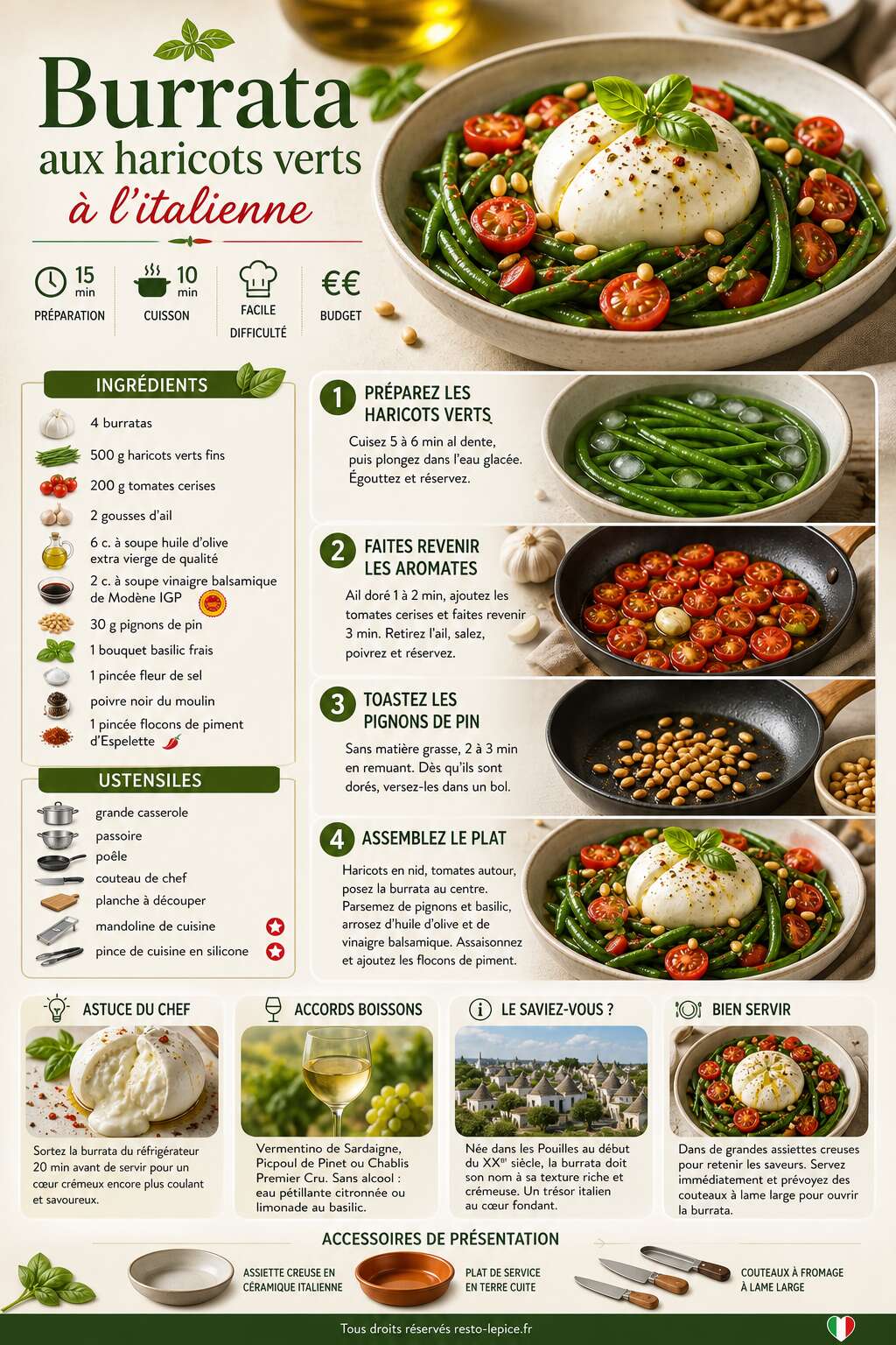 Fiche recette Recette de burrata aux haricots verts à l'italienne Fiche recette Recette de burrata aux haricots verts à l'italienne