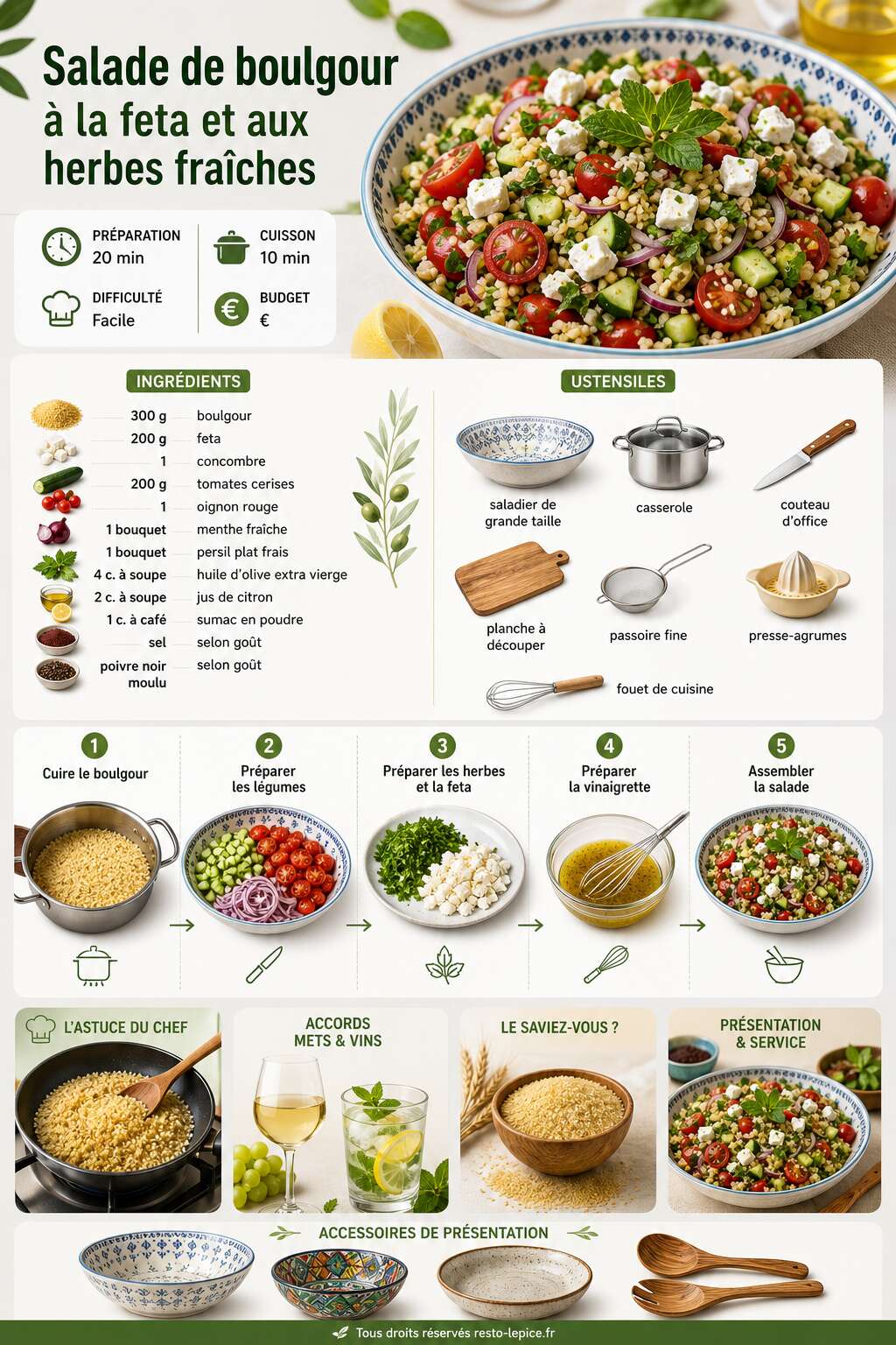 Fiche recette Recette de salade de boulgour à la feta et aux herbes fraîches Fiche recette Recette de salade de boulgour à la feta et aux herbes fraîches