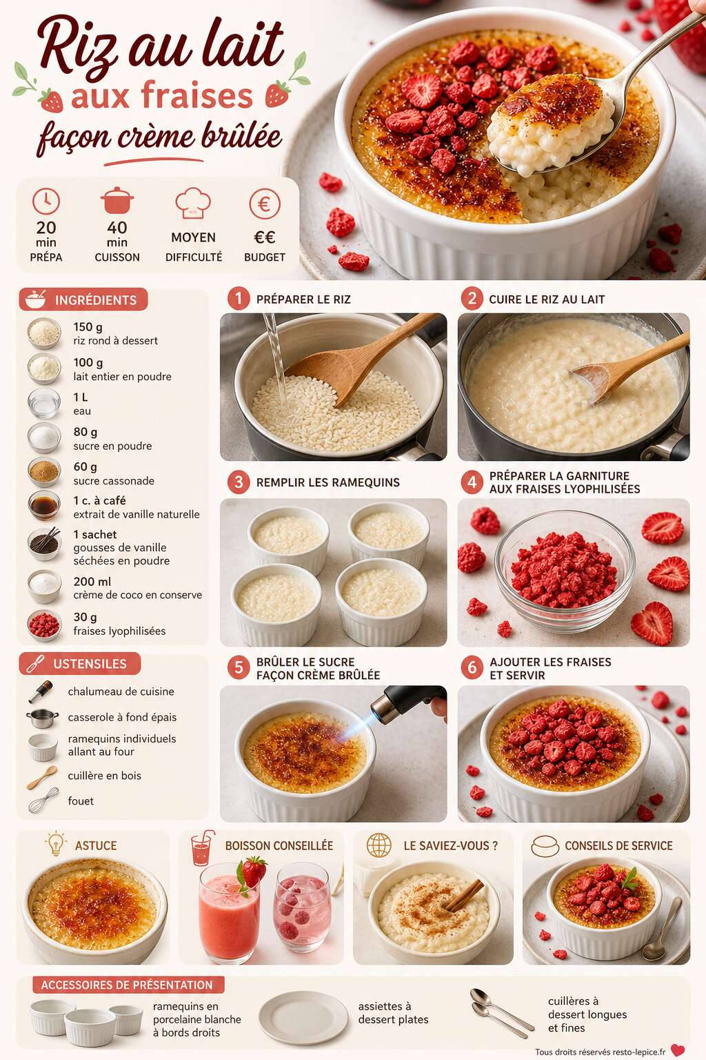Fiche recette Recette du riz au lait aux fraises fa&ccedil;on cr&egrave;me br&ucirc;l&eacute;e