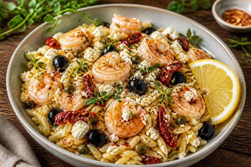 Recette de salade d'orzo, feta et crevettes