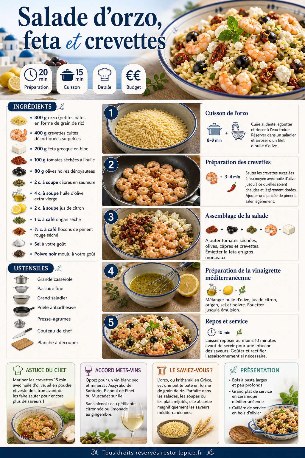 Fiche recette Recette de salade d'orzo, feta et crevettes