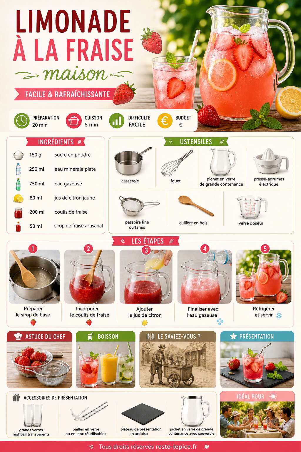 Fiche recette Recette de limonade &agrave; la fraise maison facile et rafra&icirc;chissante