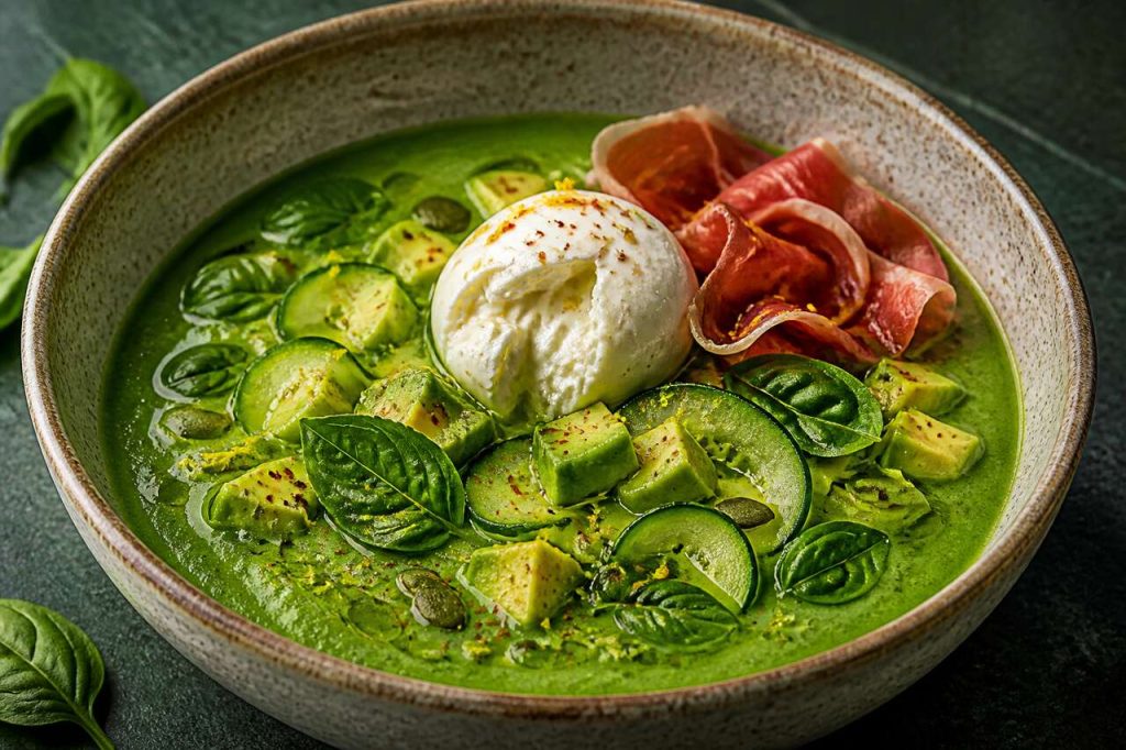 Recette du gaspacho vert à la burrata et au jambon cru