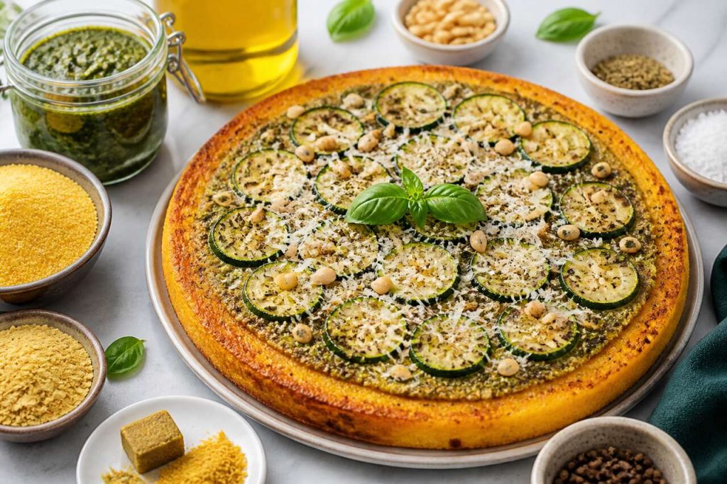 Tarte de polenta croustillante à la courgette et au pesto : la recette facile et gourmande