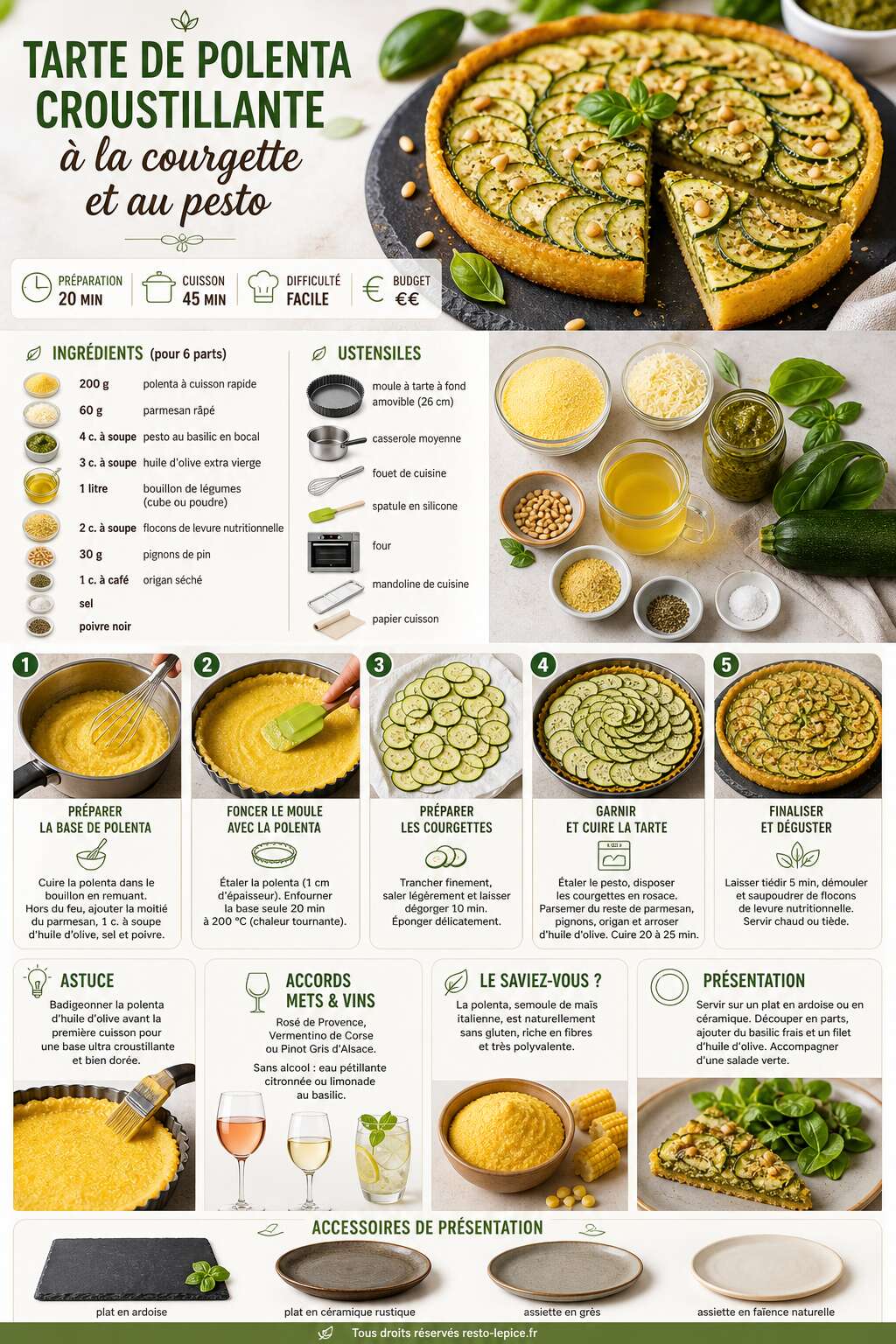 Fiche recette Tarte de polenta croustillante &agrave; la courgette et au pesto : la recette facile et gourmande