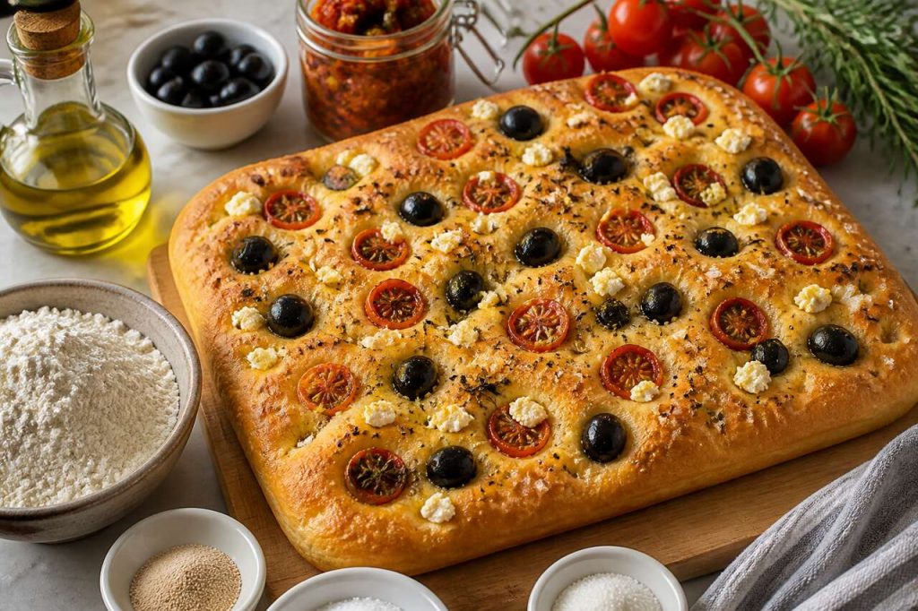 Recette de focaccia aux olives, tomates cerises et feta