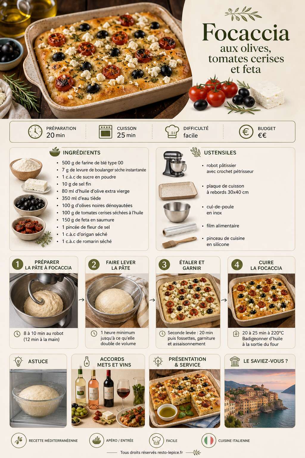 Fiche recette Recette de focaccia aux olives, tomates cerises et feta
