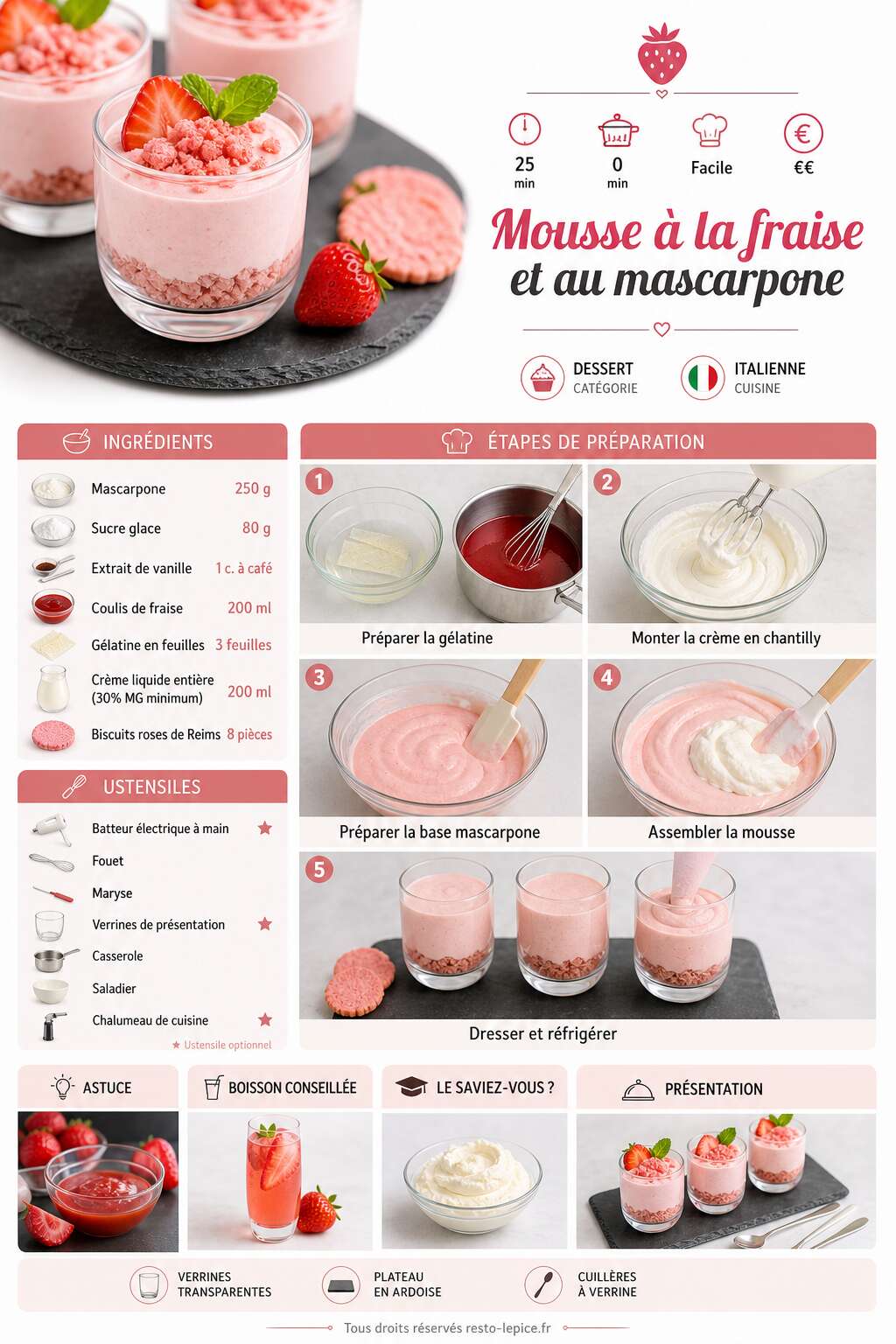 Fiche recette Recette de mousse &agrave; la fraise et au mascarpone