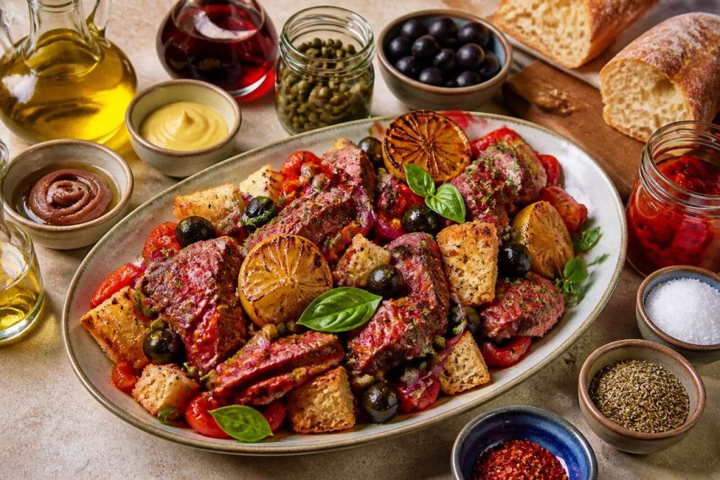 Recette de salade panzanella au bœuf et au citron rôti