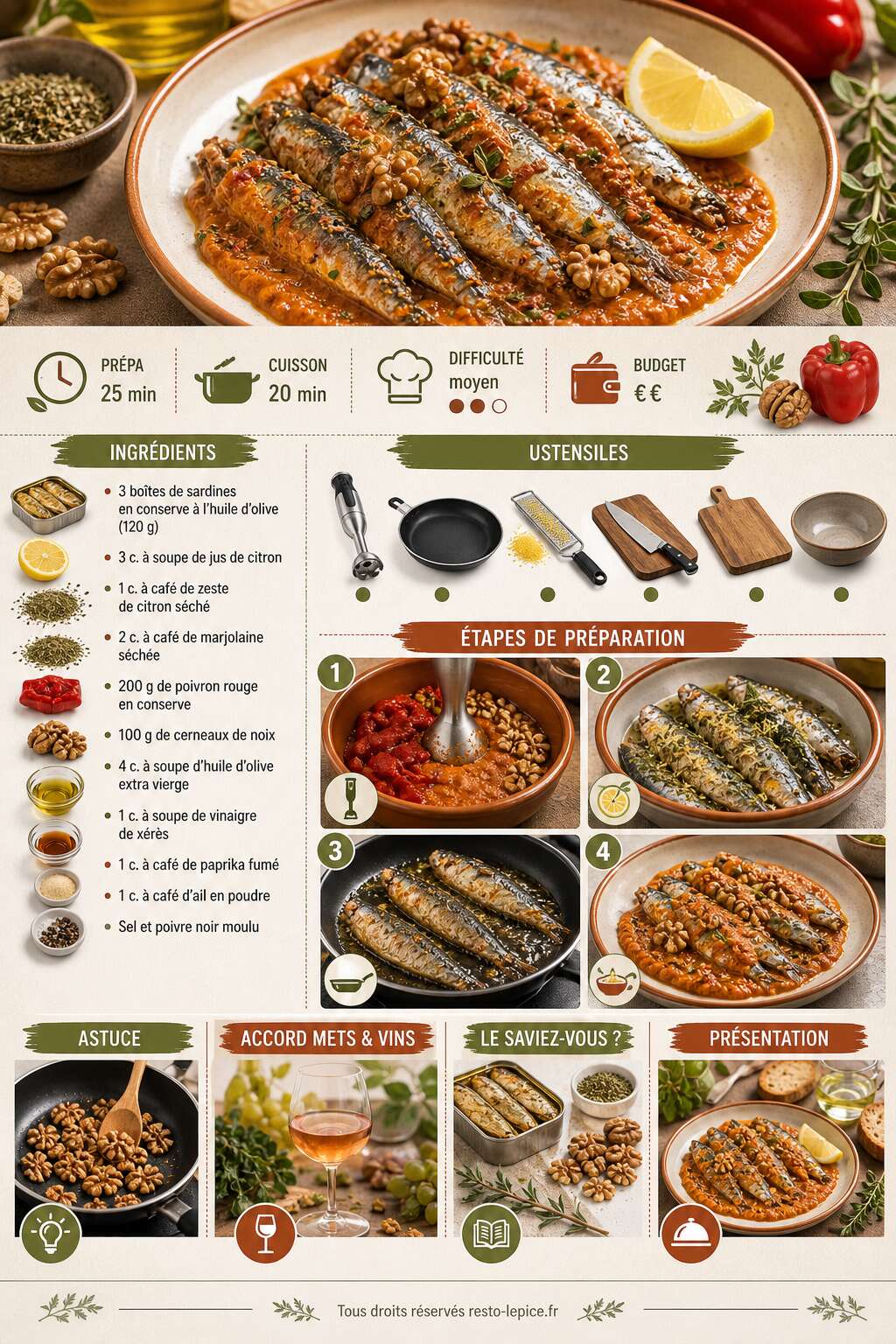 Fiche recette Recette de sardines au citron et &agrave; la marjolaine, sauce aux noix et au poivron rouge