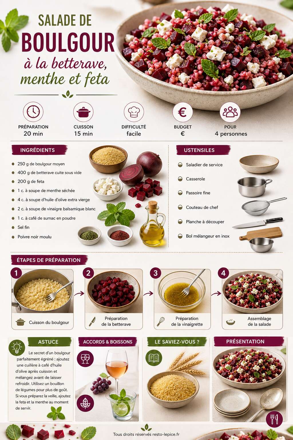 Fiche recette Salade de boulgour &agrave; la betterave, menthe et feta : une recette fra&icirc;che et color&eacute;e