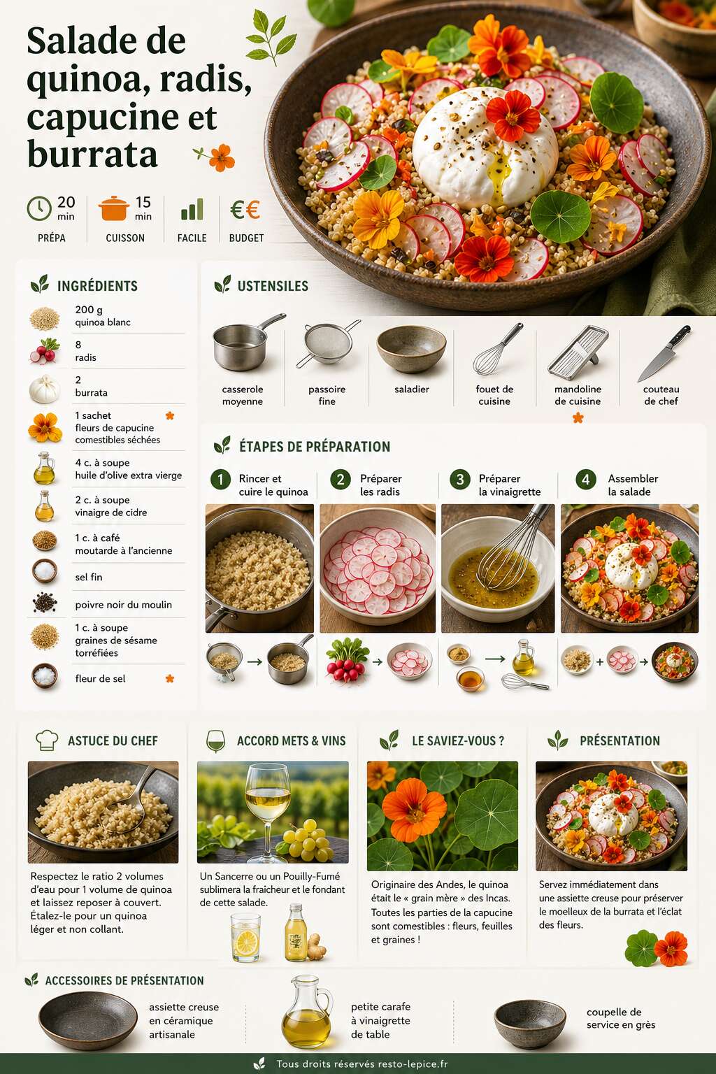Fiche recette Recette de salade de quinoa, radis, capucine et burrata