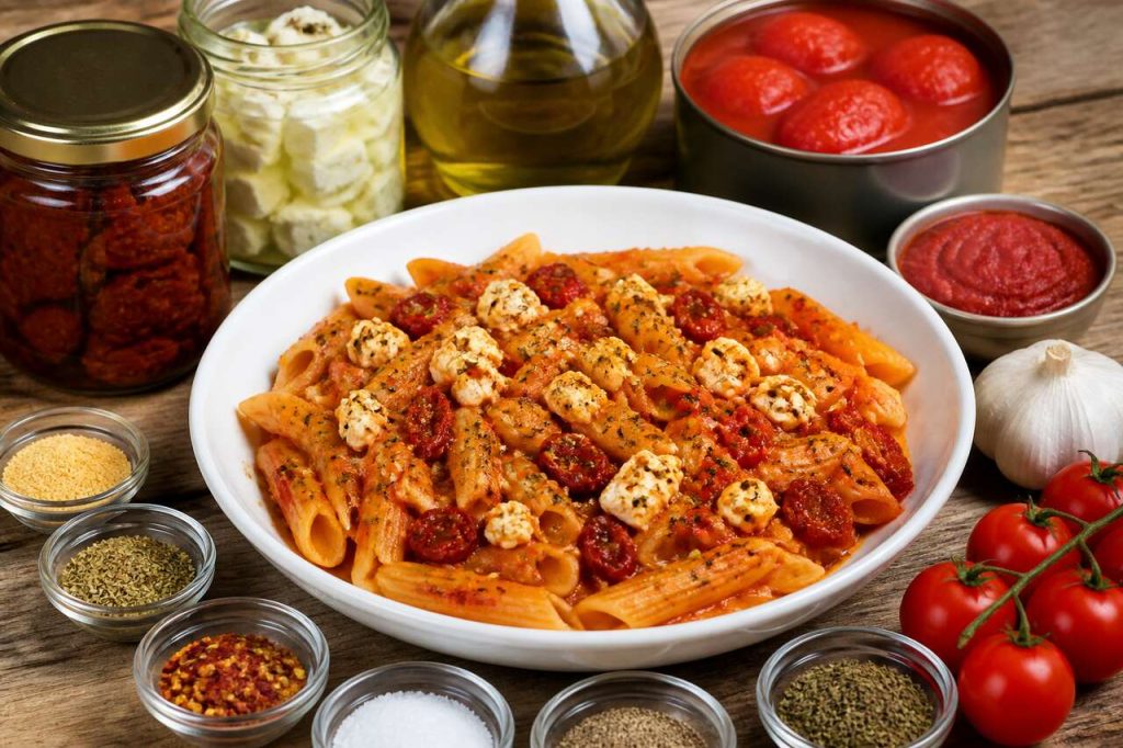 Recette de pâtes aux tomates rôties et à la feta