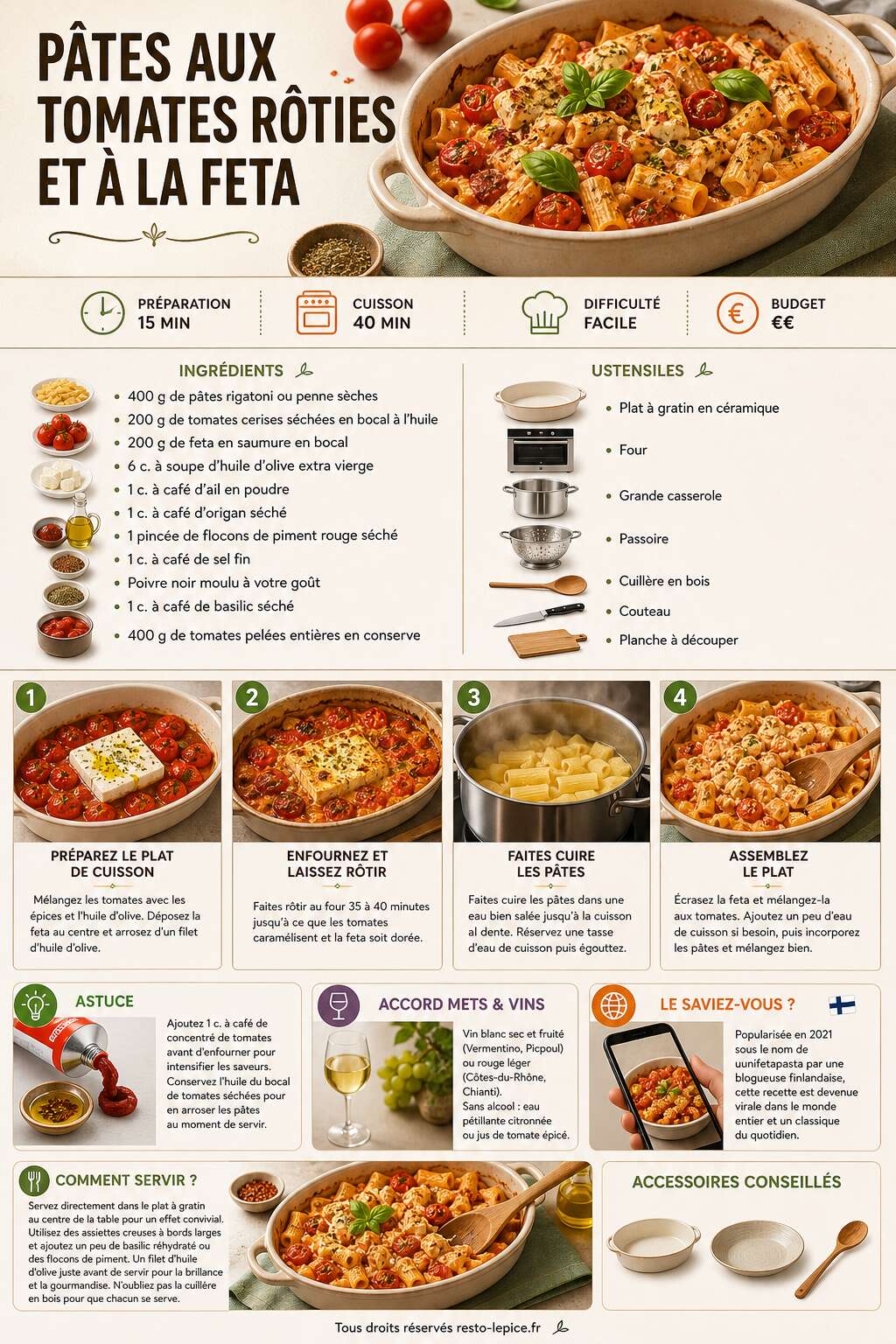 Fiche recette Recette de pâtes aux tomates rôties et à la feta Fiche recette Recette de pâtes aux tomates rôties et à la feta