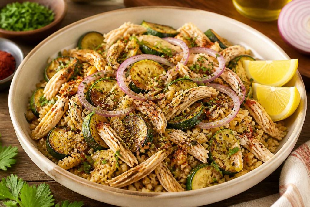 Recette de salade de boulgour au poulet effiloché et aux courgettes