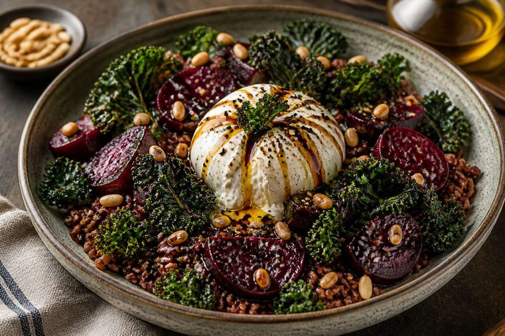 Salade de riz rouge et chou kale à la burrata et aux betteraves