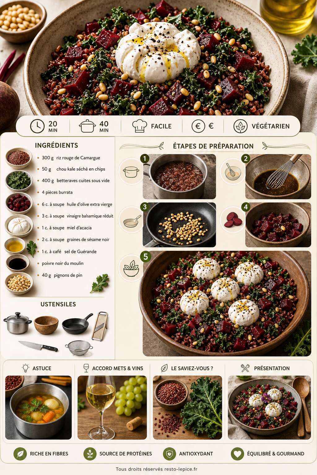 Fiche recette Salade de riz rouge et chou kale &agrave; la burrata et aux betteraves