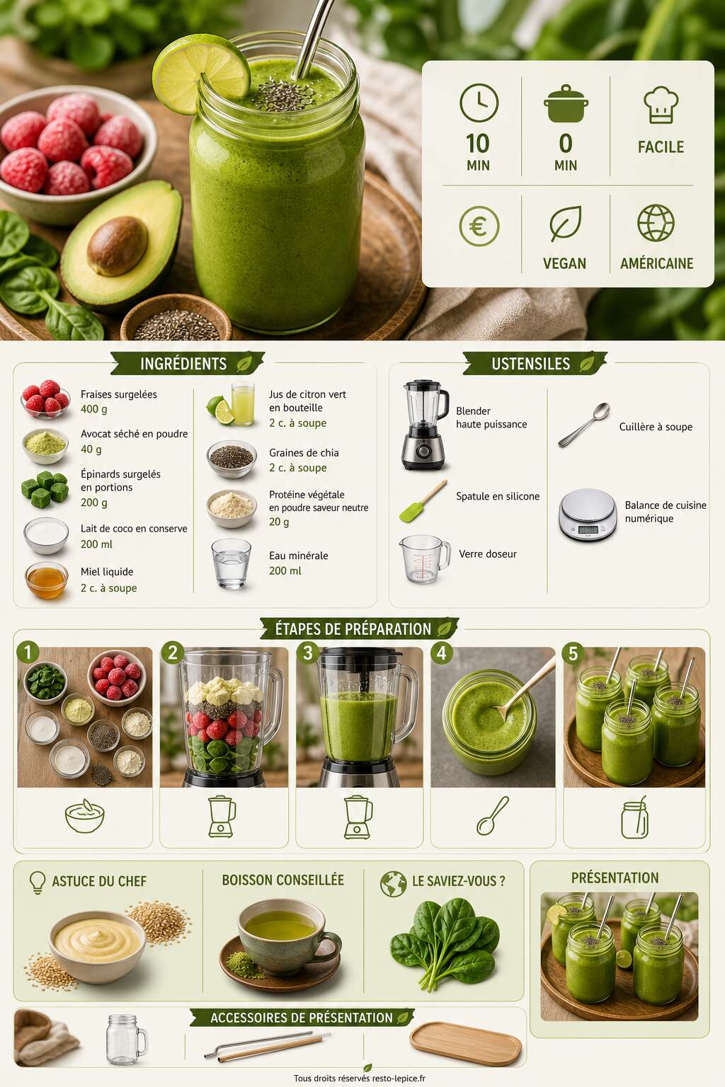 Fiche recette Recette de smoothie fraises, avocat et &eacute;pinards