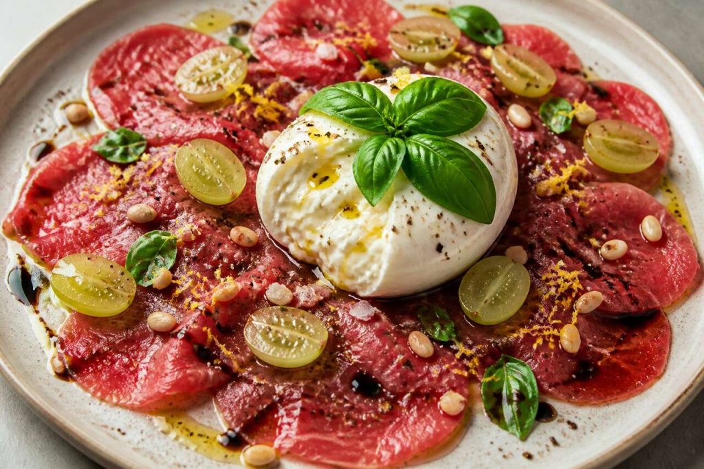 Recette de crudo de bœuf à la burrata, basilic et raisin