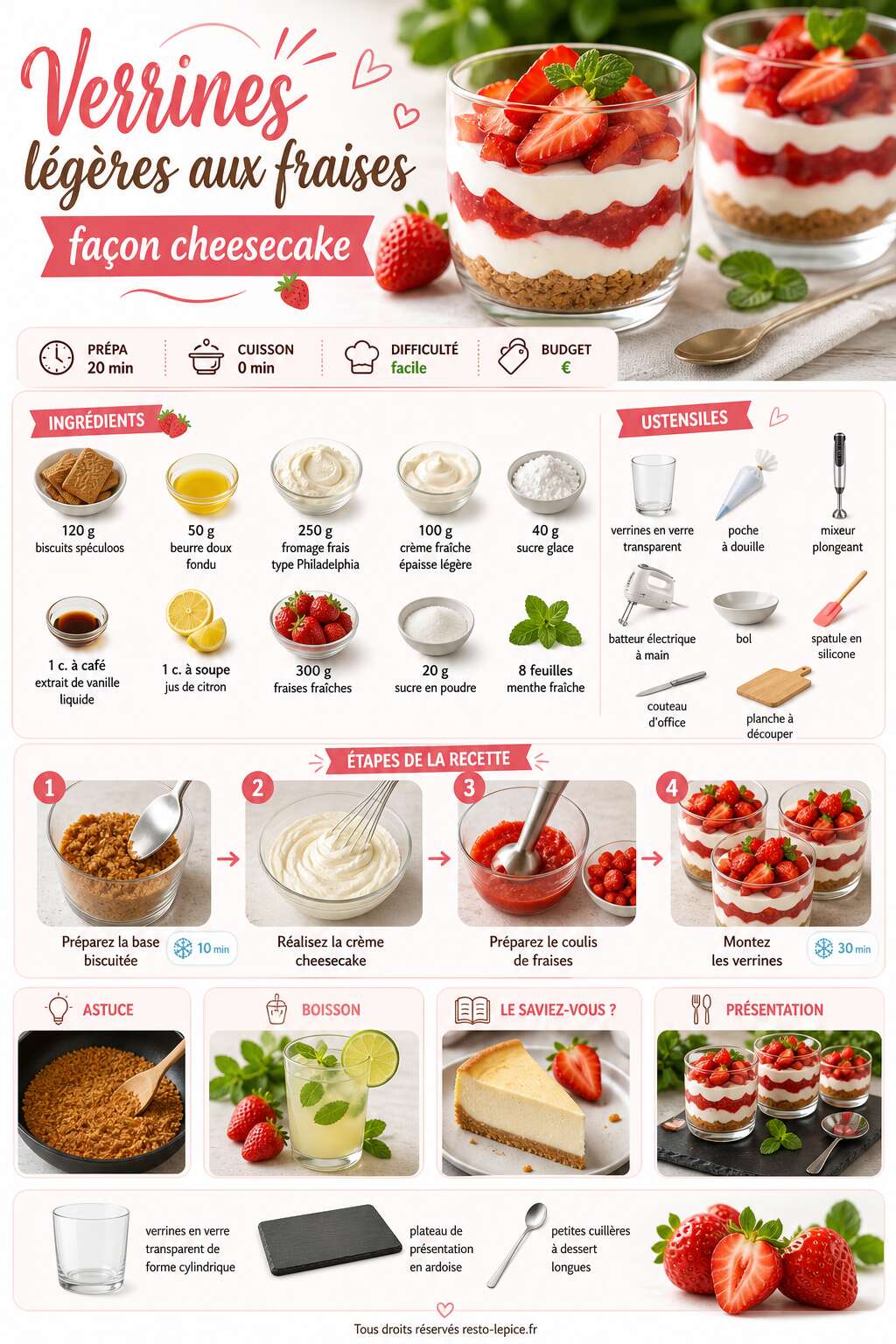 Fiche recette Recette de verrines légères aux fraises façon cheesecake Fiche recette Recette de verrines légères aux fraises façon cheesecake