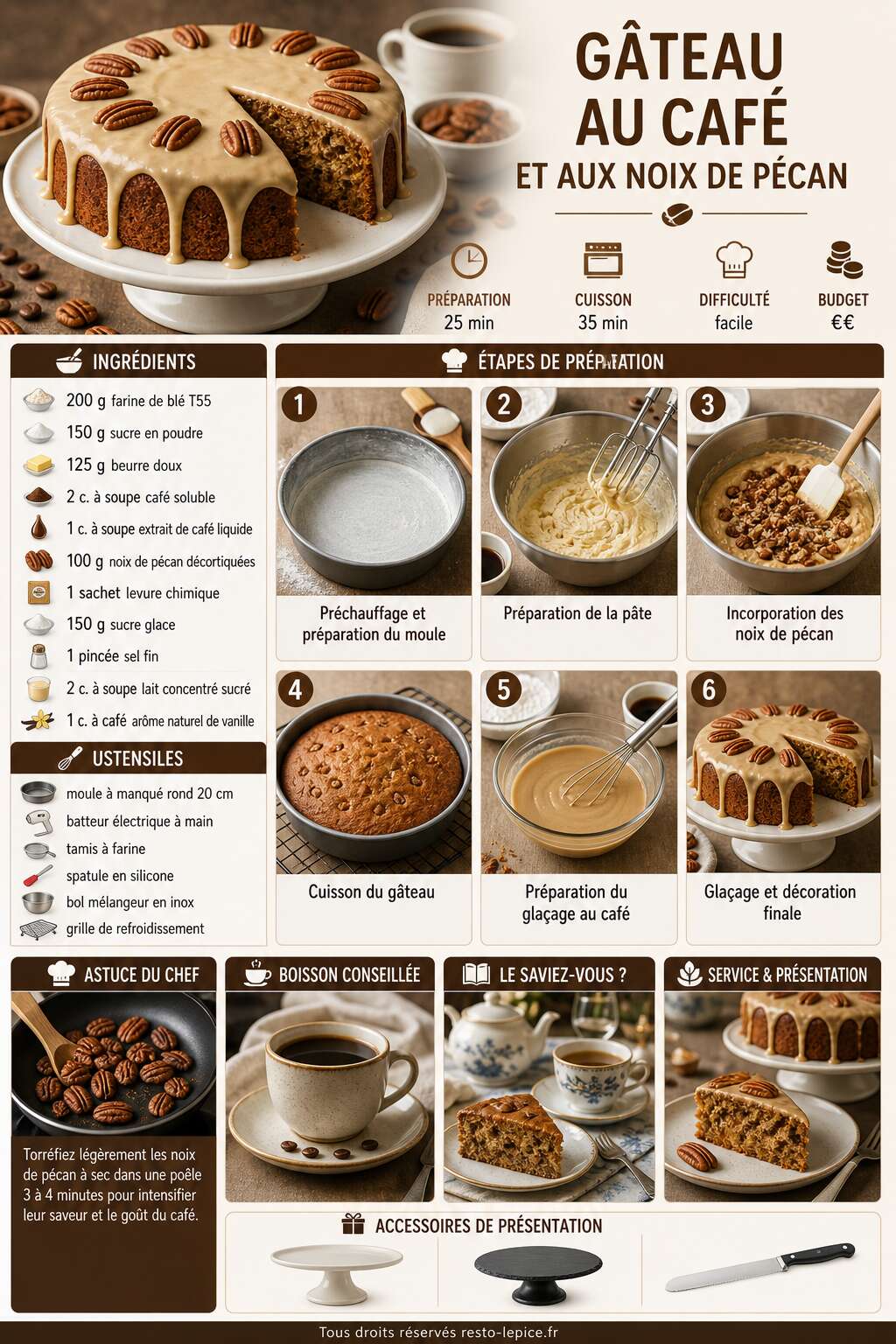 Fiche recette Recette du gâteau au café et aux noix de pécan Fiche recette Recette du gâteau au café et aux noix de pécan