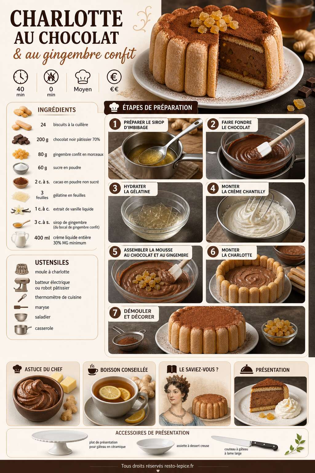Fiche recette Recette de charlotte au chocolat et au gingembre confit Fiche recette Recette de charlotte au chocolat et au gingembre confit