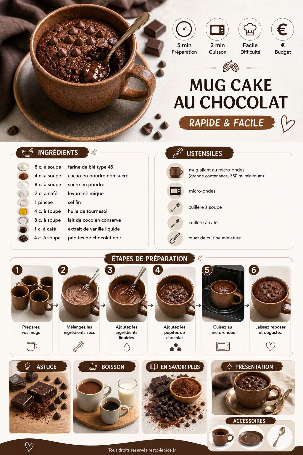 Fiche recette Recette du mug cake au chocolat rapide et facile Fiche recette Recette du mug cake au chocolat rapide et facile