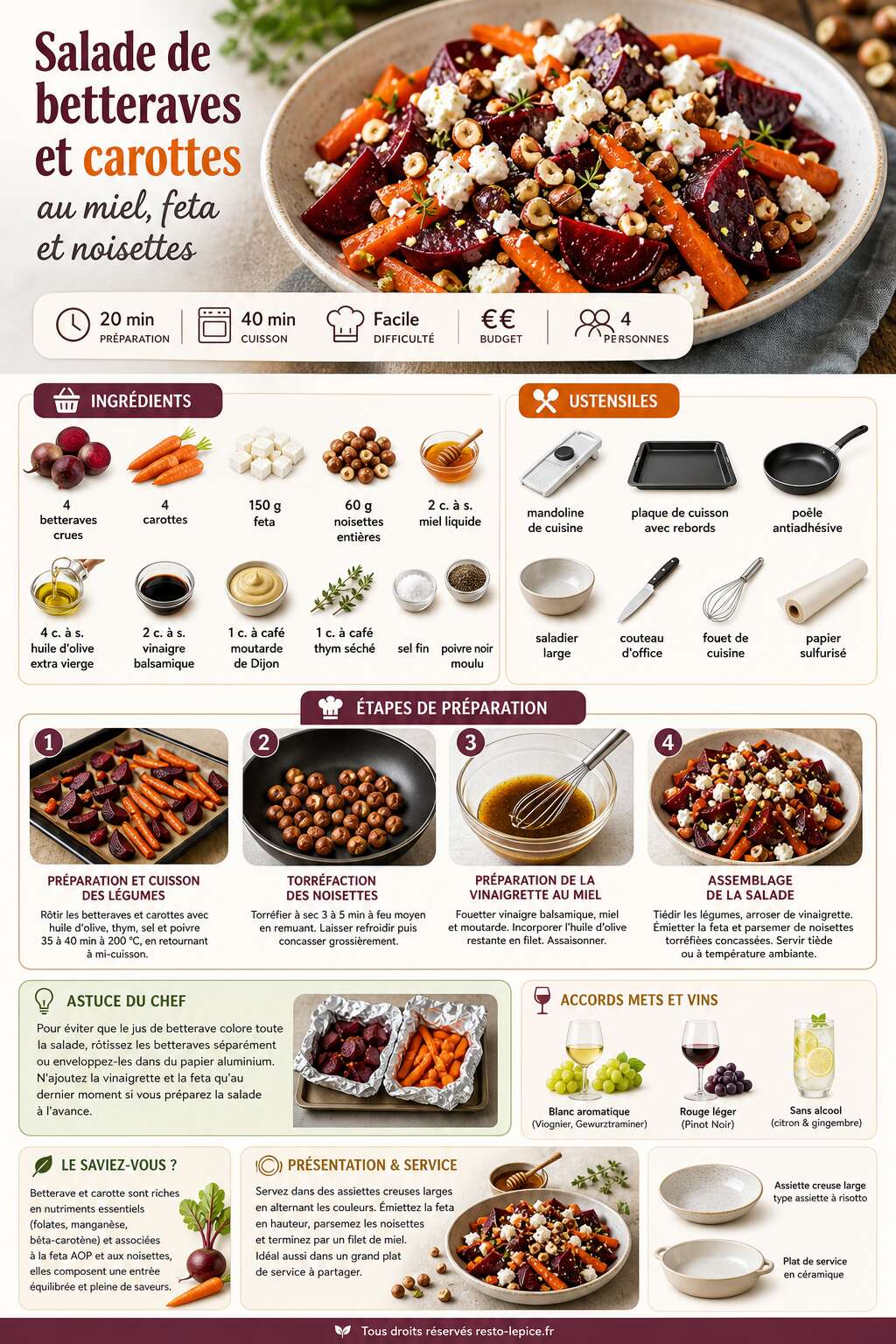 Fiche recette Salade de betteraves et carottes au miel, feta et noisettes : une recette colorée et gourmande Fiche recette Salade de betteraves et carottes au miel, feta et noisettes : une recette colorée et gourmande