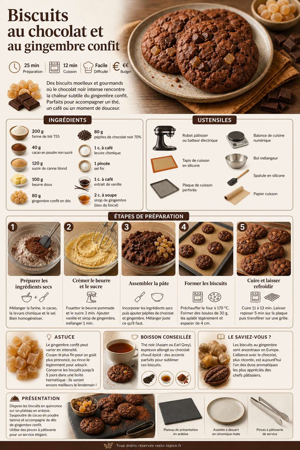 Fiche recette Recette de biscuits au chocolat et au gingembre confit