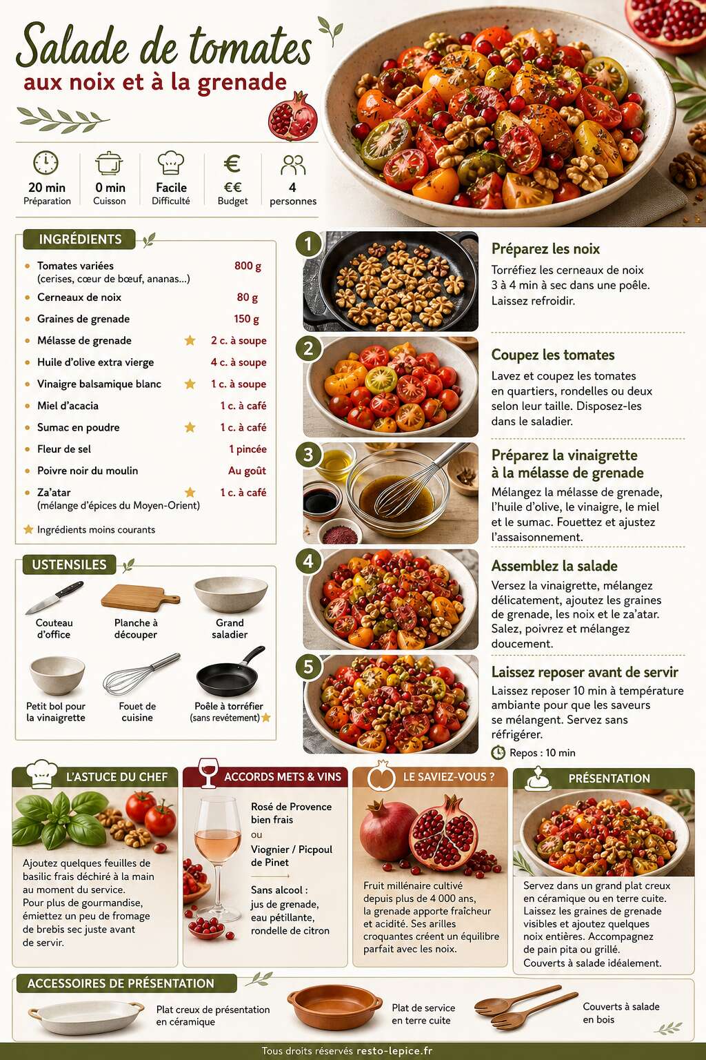 Fiche recette Recette de salade de tomates aux noix et à la grenade Fiche recette Recette de salade de tomates aux noix et à la grenade