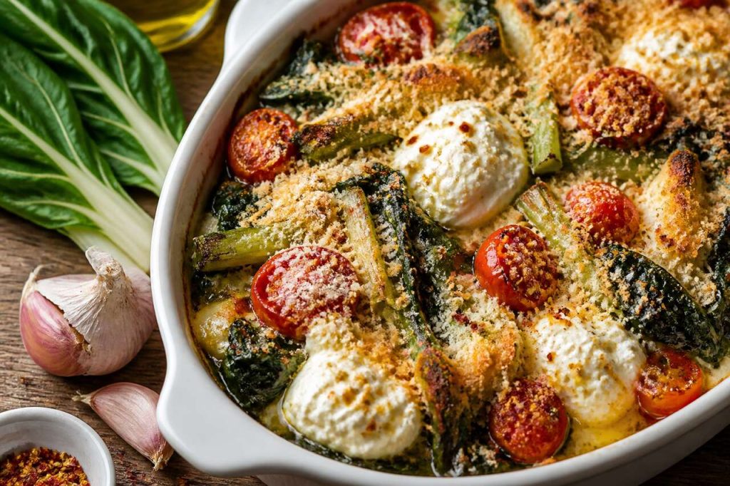 Recette du gratin de blettes aux tomates cerises rôties et ricotta