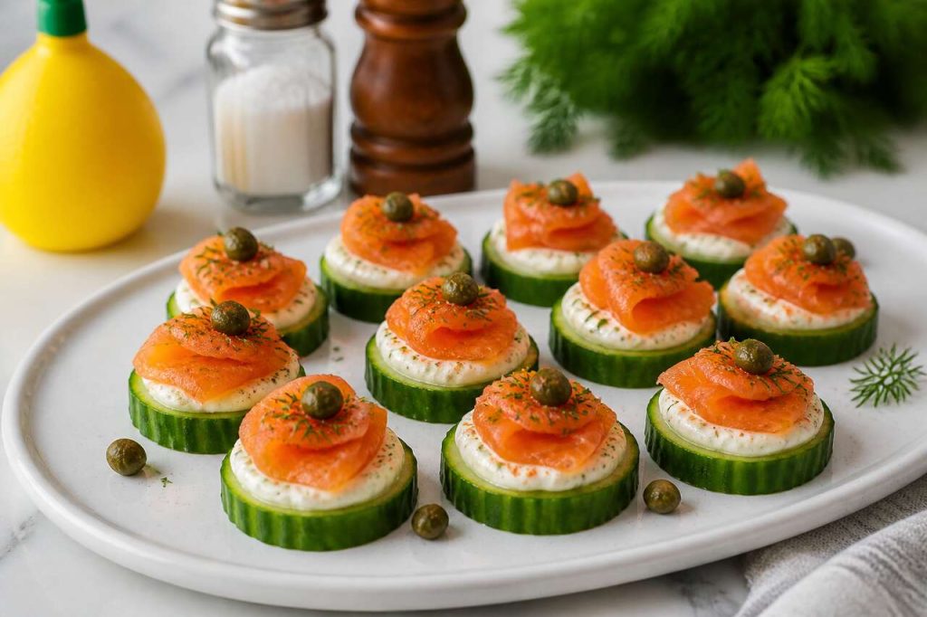 Recette de bouchées de concombre au saumon, sauce tartare et aneth