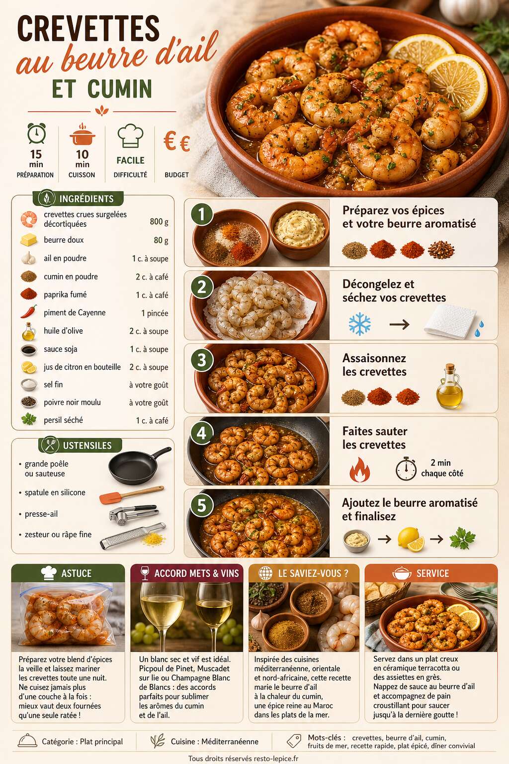 Fiche recette Recette de crevettes au beurre d'ail et cumin Fiche recette Recette de crevettes au beurre d'ail et cumin