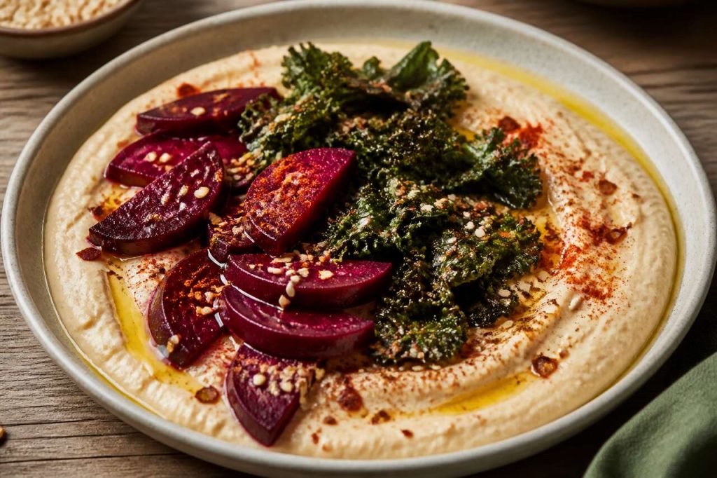 Recette de houmous de haricots blancs, betterave marinée et chou kale