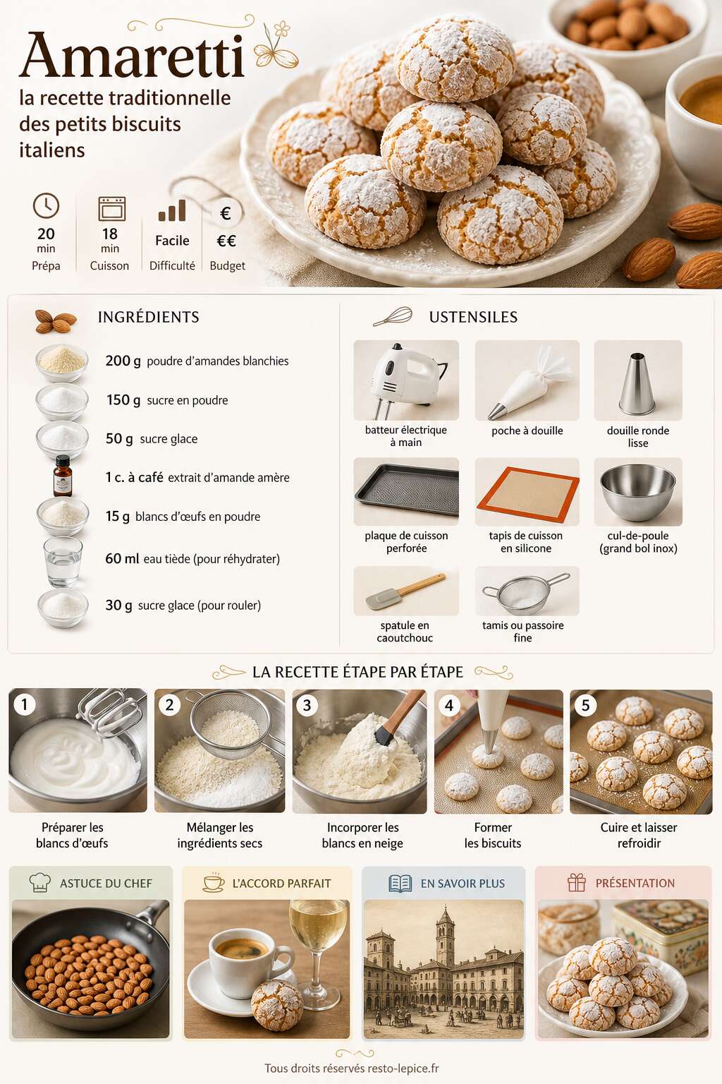 Fiche recette Amaretti : la recette traditionnelle des petits biscuits italiens Fiche recette Amaretti : la recette traditionnelle des petits biscuits italiens