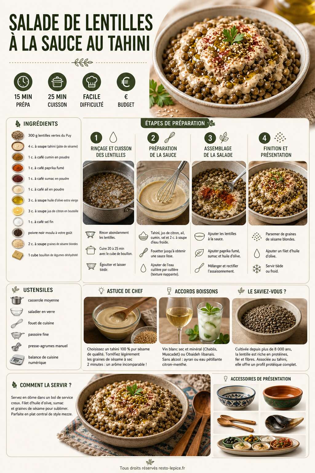Fiche recette Recette de salade de lentilles à la sauce au tahini Fiche recette Recette de salade de lentilles à la sauce au tahini