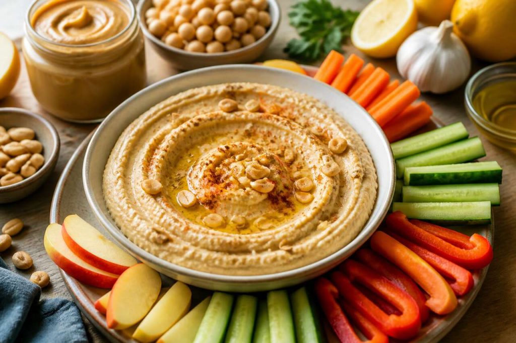 Recette de houmous aux cacahuètes et bâtonnets de fruits et légumes