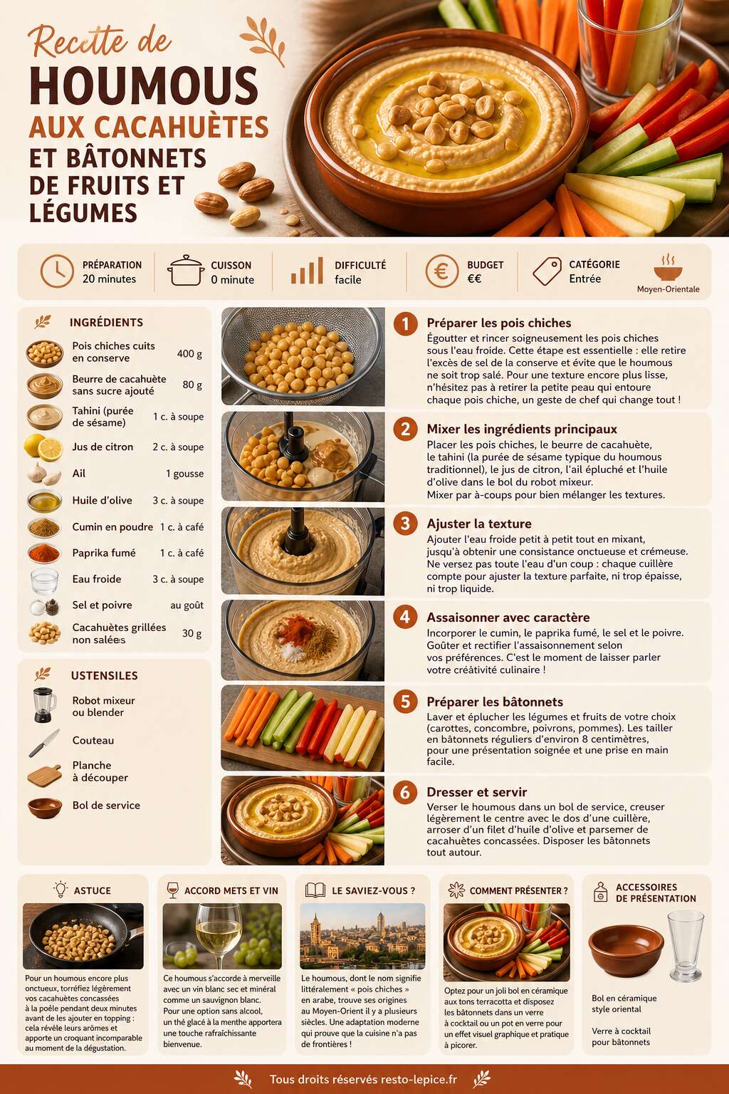 Fiche recette Recette de houmous aux cacahu&egrave;tes et b&acirc;tonnets de fruits et l&eacute;gumes