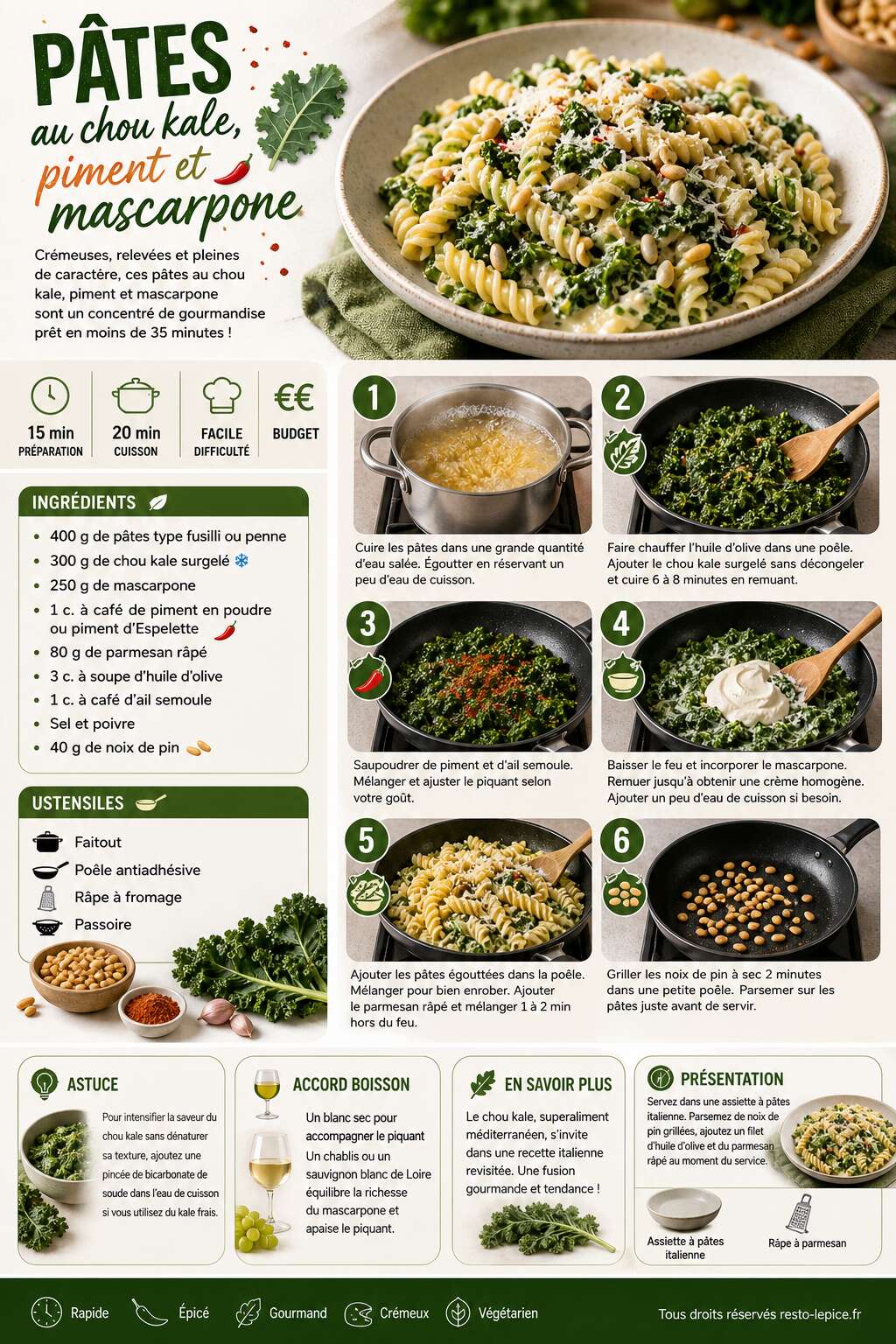 Fiche recette Recette de p&acirc;tes au chou kale, piment et mascarpone