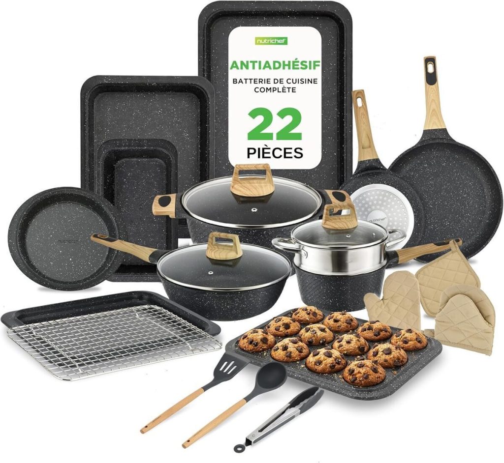 Test NutriChef batterie de cuisine effet marbre noir 22 pièces