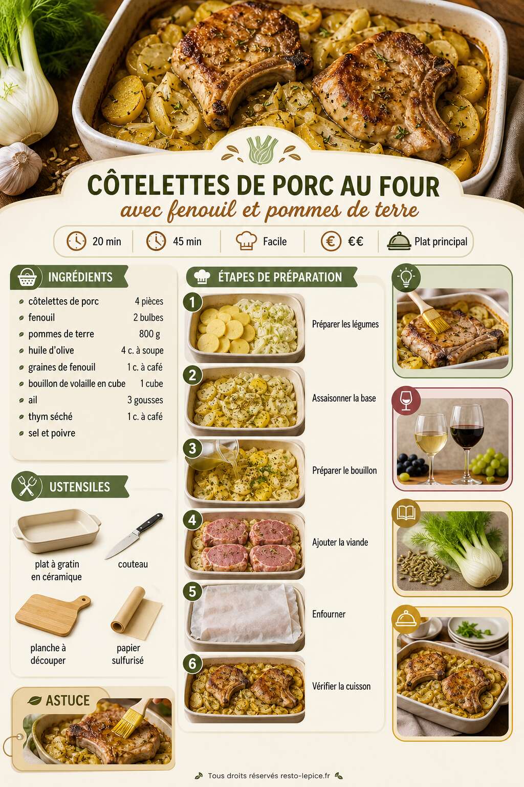 Fiche recette Côtelettes de porc au four avec fenouil et pommes de terre : une recette savoureuse et facile Fiche recette Côtelettes de porc au four avec fenouil et pommes de terre : une recette savoureuse et facile
