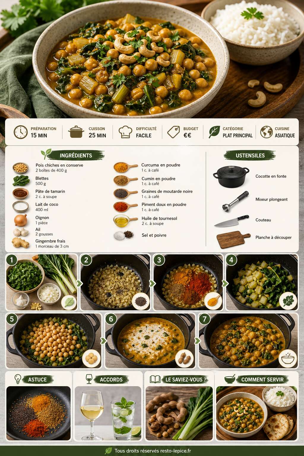 Fiche recette Curry rapide de pois chiches et blettes &agrave; la p&acirc;te de tamarin