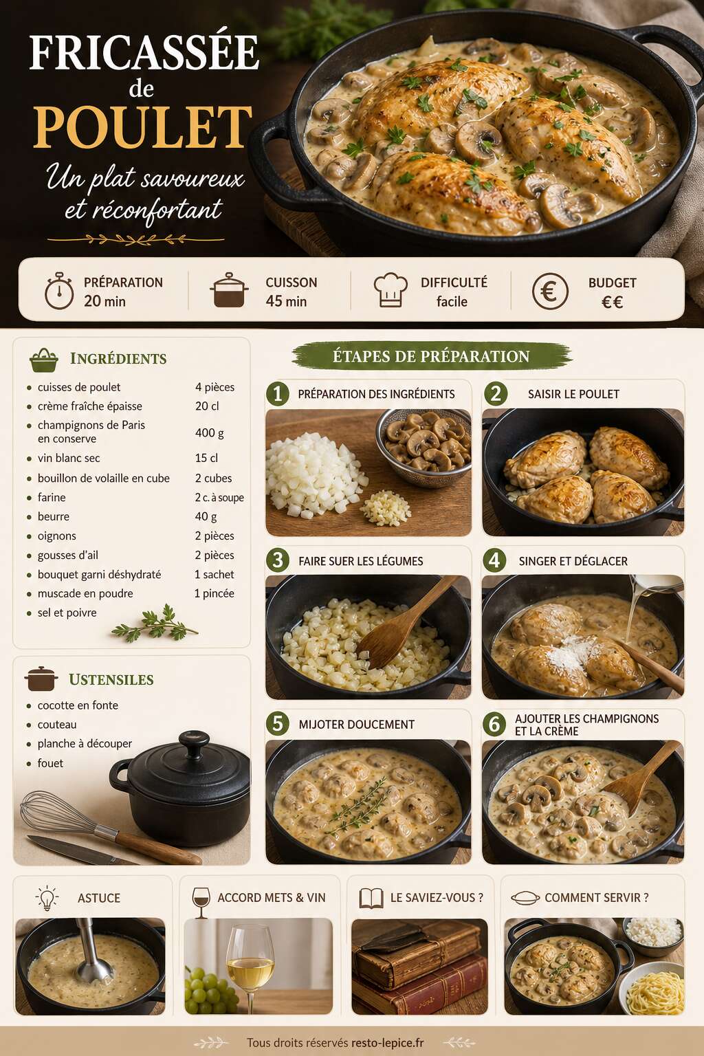 Fiche recette Recette de fricassée de poulet : un plat savoureux et réconfortant Fiche recette Recette de fricassée de poulet : un plat savoureux et réconfortant