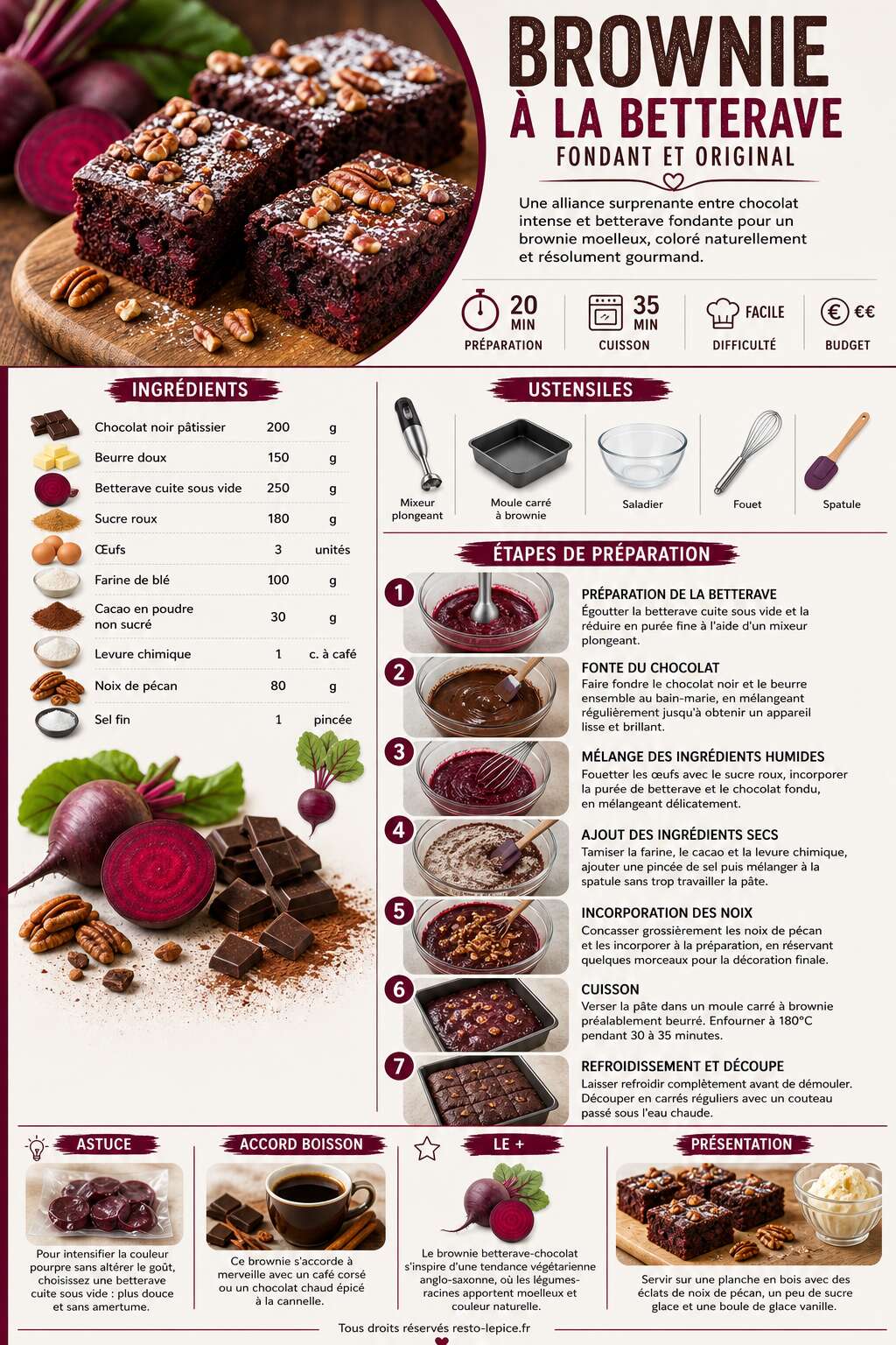 Fiche recette Recette du brownie &agrave; la betterave : fondant et original